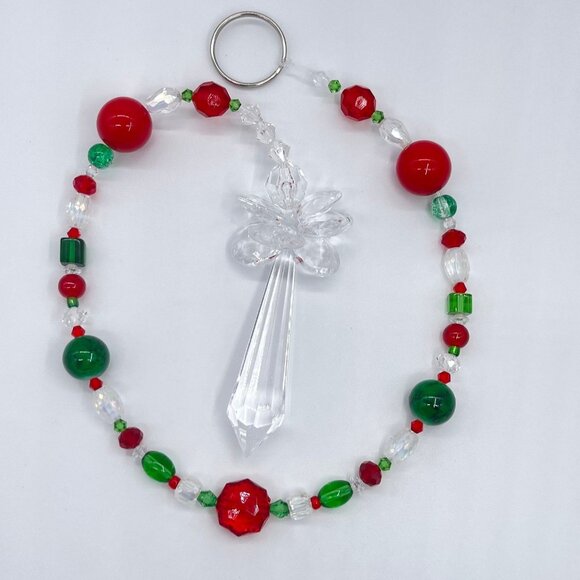 Beaded Christmas Suncatcher Red Green Clear Crystal Prism Hanging Patio Decor - Picture 1 of 9